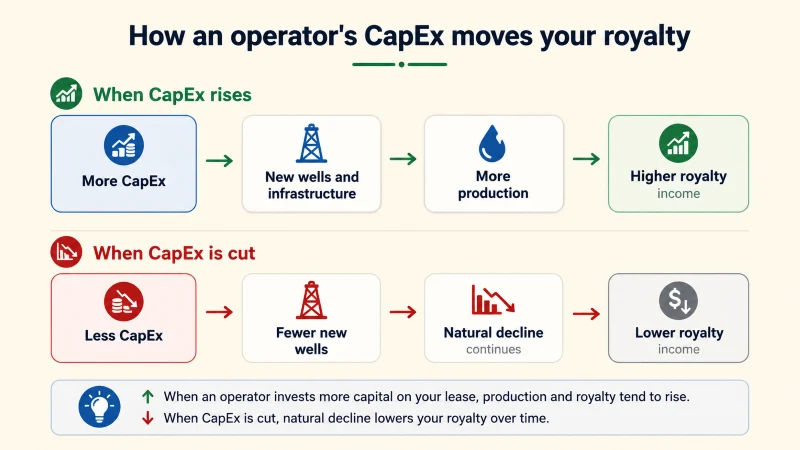 Diagram: how an operator's capital expenditure moves royalty income, with more CapEx raising production and royalties and CapEx cuts lowering them over time.