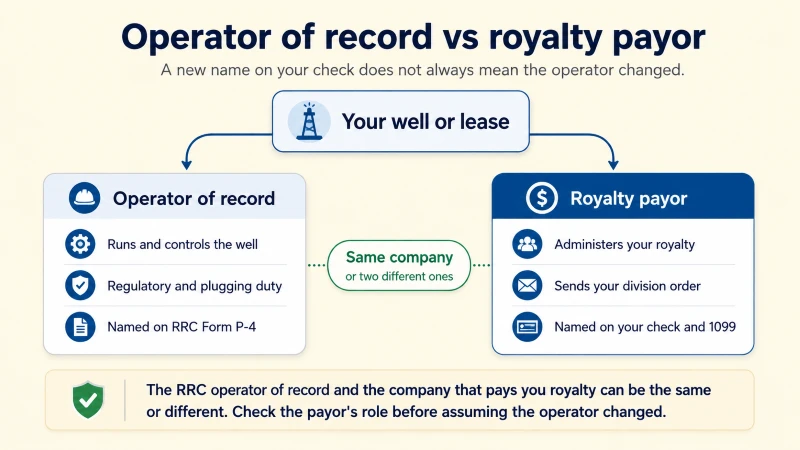 Diagram: how the RRC operator of record and the royalty payor can be the same company or two different entities on your minerals.