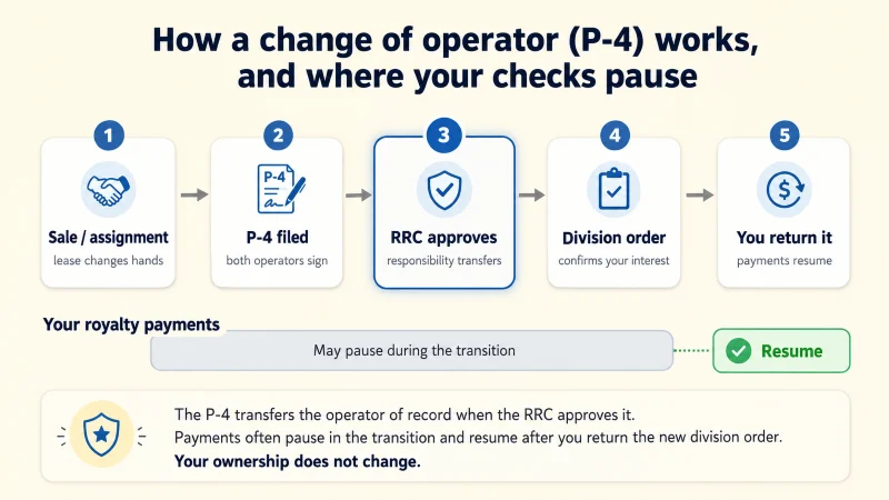 Diagram: how a Texas change of operator moves through the P-4 filing and RRC approval, and where royalty payments pause and then resume.
