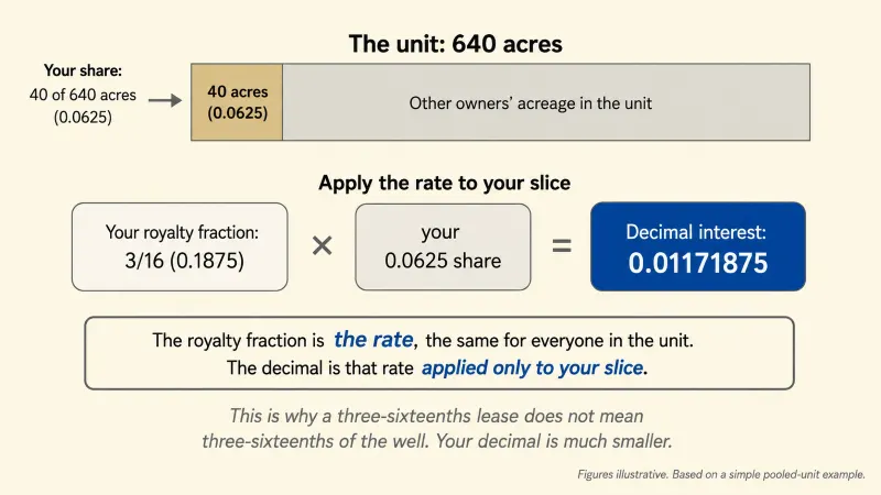 Diagram showing that the royalty fraction is the lease rate that applies only to the owner's small slice of the unit, so the resulting decimal interest is much smaller than the headline fraction.