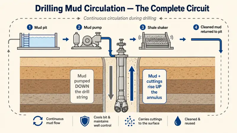 Cross-section diagram of a drilling wellbore showing the complete mud circulation circuit: mud pumped down the drill string, through the drill bit, back up the annulus carrying rock cuttings, through the shale shaker, and returning to the mud pit.