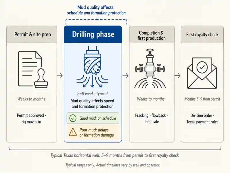 Four-stage timeline showing how drilling mud management affects the path from spud to first royalty check — with the drilling phase highlighted as the stage where mud quality determines schedule and formation protection.