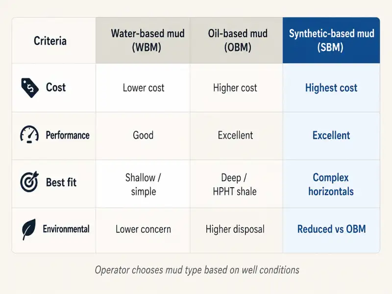 Three-column comparison matrix contrasting water-based, oil-based, and synthetic-based drilling mud across four criteria: cost, temperature performance, formation suitability, and environmental considerations.