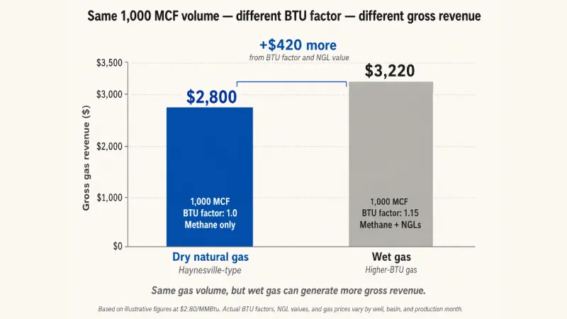 Bar chart comparing gross gas revenue from dry natural gas at a 1.0 BTU factor versus wet gas at a 1.15 BTU factor for the same 1,000 MCF production volume at the same gas price.