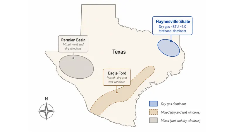 Simplified Texas map showing the Haynesville Shale dry gas zone in East Texas, the Eagle Ford mixed gas and oil window in South Texas, and the Permian Basin wet and dry gas windows in West Texas.