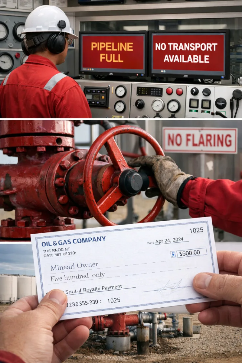 Oil and gas operator shuts in a well due to full pipeline capacity and no transport availability. Mineral owners receive a shut-in royalty check while production is temporarily halted with no flaring allowed.