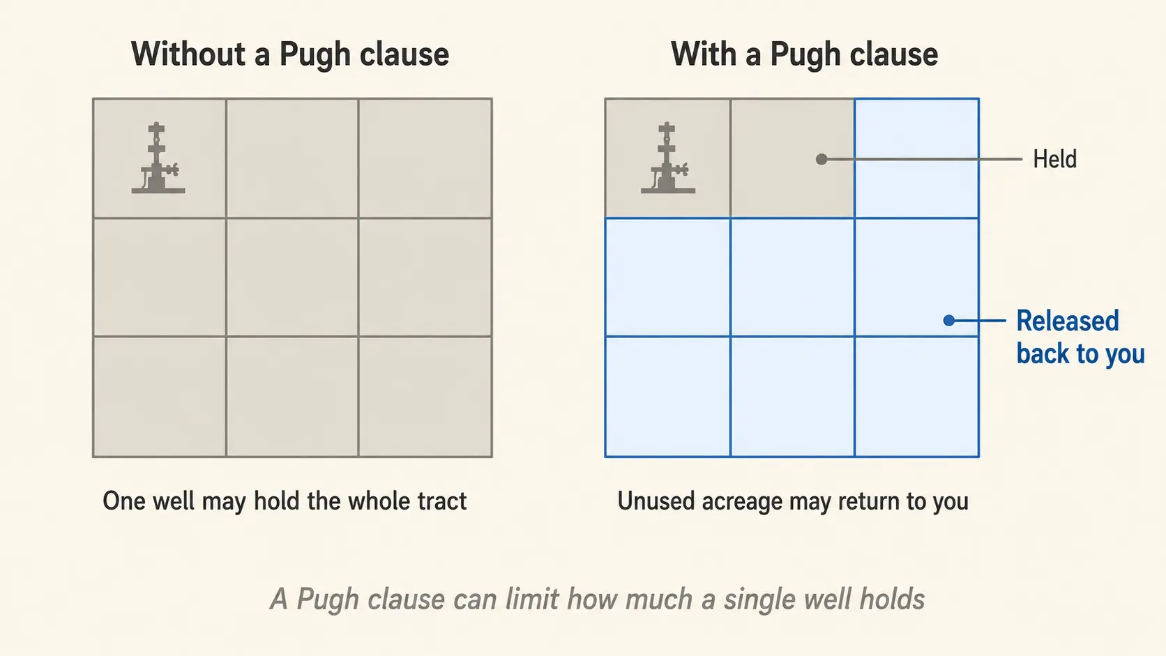 Two side-by-side land tract diagrams showing how a single producing well holds all leased acreage without a Pugh clause, versus how a Pugh clause releases the undeveloped acreage back to the mineral owner while the producing portion stays held.