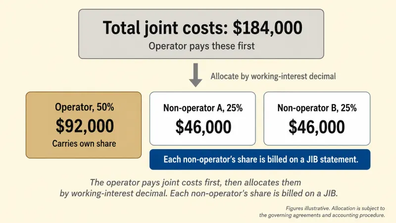 Allocation diagram: $184,000 of total joint costs the operator paid first, split by working-interest decimal into a 50% operator share of $92,000 it carries and two 25% non-operator shares of $46,000 each, which are billed on a JIB statement.