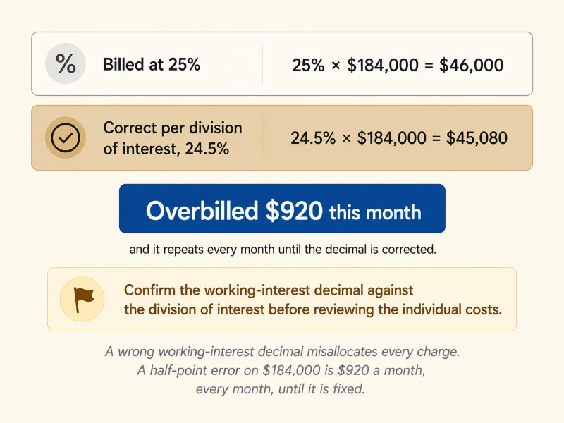 Decimal check: billing at 25% on $184,000 is $46,000, but the correct 24.5% from the division of interest is $45,080, so the owner is overbilled $920 for the month, and the error repeats every month until the decimal is corrected.