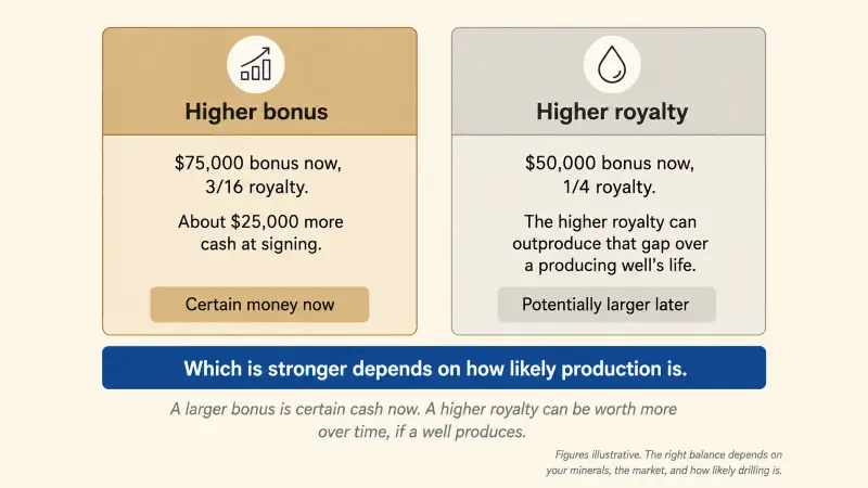 The bonus-royalty tradeoff: a higher-bonus offer gives more certain cash at signing, while a higher-royalty offer can be worth more over a producing well's life, and which is stronger depends on how likely production is.