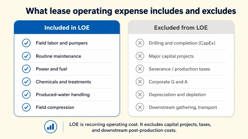 Comparison: what lease operating expense includes, such as labor, power, chemicals, and water handling, versus the capital, taxes, and downstream costs it excludes.