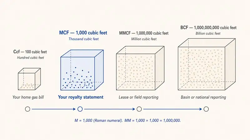 Diagram showing the natural gas volume scale ladder with four standard units arranged left to right: Ccf for home gas bills, MCF for royalty statements, MMCF for lease and field reporting, and BCF for basin or national reporting, with MCF highlighted in brand blue as the unit mineral owners see most often.