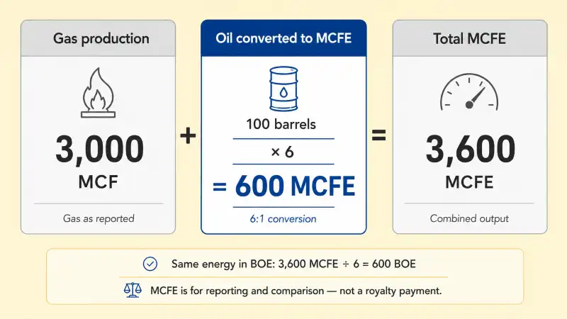 Three-step flow diagram showing how 3,000 MCF of gas and 100 barrels of oil combine into 3,600 MCFE total using the standard six-to-one energy equivalence conversion, with the oil conversion step highlighted as the teaching element.