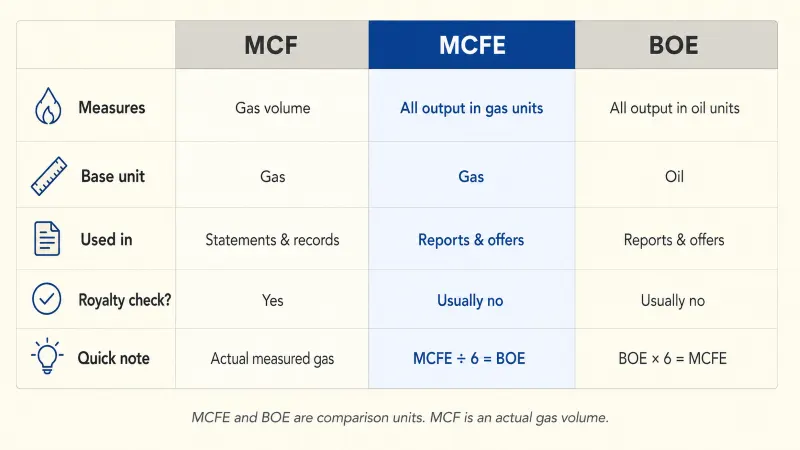 Three-column comparison matrix distinguishing MCFE, BOE, and MCF across what each measures, which direction the conversion runs, where each appears, and whether it appears on a royalty statement, with MCFE highlighted as the teaching element.