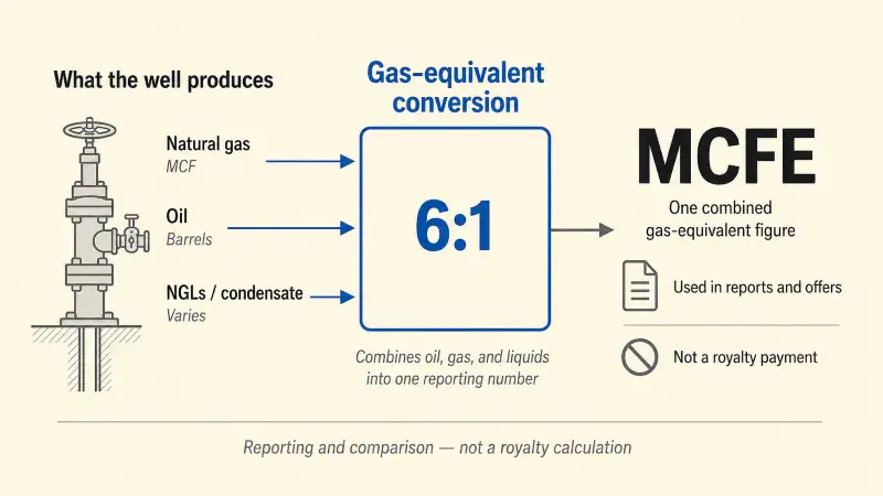 Concept diagram showing oil, gas, and liquids from a well entering a gas-equivalent conversion step to produce a single MCFE figure used in reserve reports and offer documents, with a note that MCFE is a reporting unit not a royalty payment.
