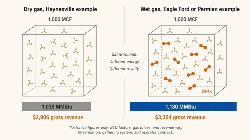 Diagram comparing dry gas and wet gas wells, each producing 1,000 MCF, showing how the higher BTU factor of wet gas containing natural gas liquids yields 1,180 MMBtu and $3,304 gross revenue compared to the dry gas case of 1,038 MMBtu and $2,906 gross revenue at the same gas price.