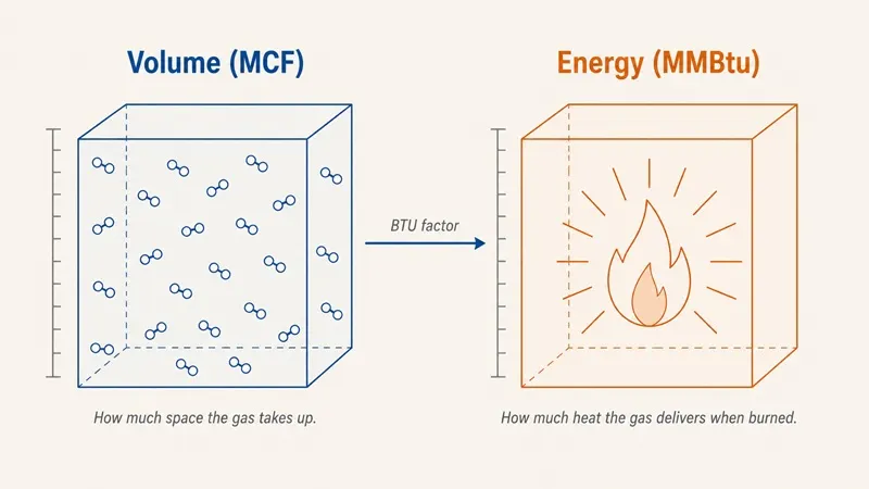 Diagram showing side-by-side comparison of natural gas measured by volume in MCF and by energy content in MMBtu, with the volume side emphasizing space occupied by gas molecules and the energy side emphasizing heat delivered by burning, connected by the BTU factor that converts between them.