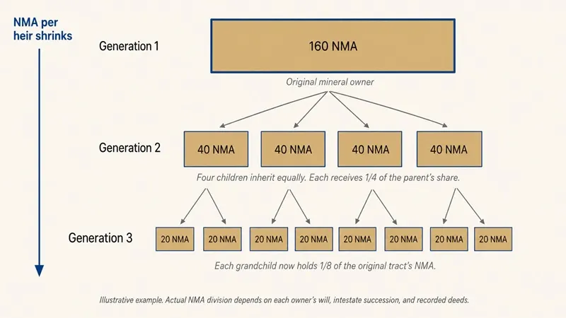 Diagram showing how net mineral acres divide across three generations of heirs, starting from 160 NMA owned by Generation 1, dividing equally among four children at 40 NMA each in Generation 2, and dividing again to eight grandchildren at 20 NMA each in Generation 3, illustrating the dilution of mineral interests over time.