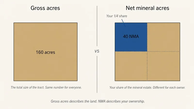 Diagram comparing gross acres and net mineral acres using the same 160-acre tract, with the gross acres panel showing the full tract uniformly tinted and the net mineral acres panel showing the same tract divided into quarters with one quarter highlighted in blue to represent a mineral owner's 40-NMA share.