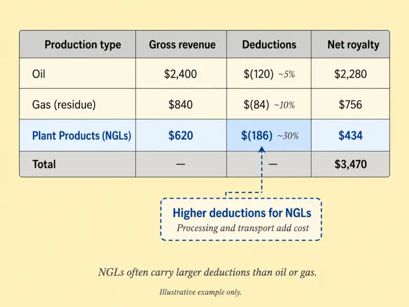 Illustrated royalty statement showing three production lines — oil, gas, and plant products NGL — with the plant products line highlighted to show its separate revenue and proportionally larger post-production deductions compared to oil and gas lines.