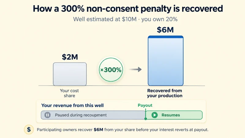 Chart: how a 300% non-consent penalty recovers six times a 20% owner's $2 million cost share from production before the interest reverts at payout.