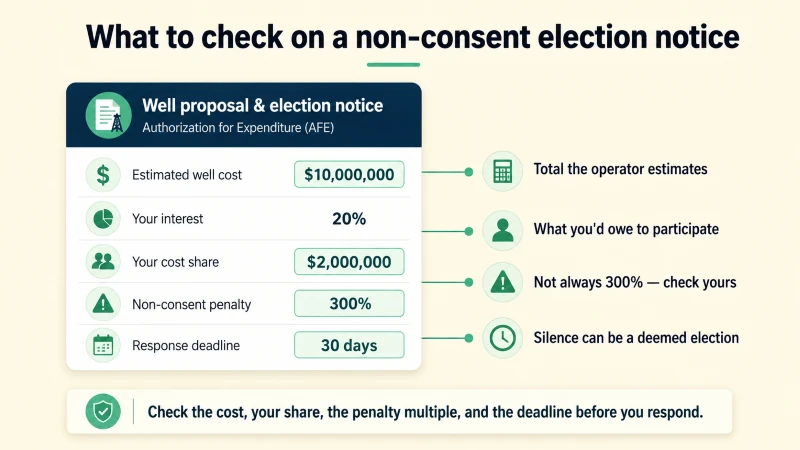 Document: an annotated non-consent election notice and AFE highlighting the estimated well cost, your cost share, penalty multiple, and response deadline to check.