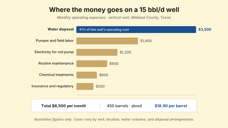 Horizontal bar chart of monthly operating expenses for a vertical well producing 15 barrels per day in Midland County, Texas, showing water disposal at $3,500 or 41 percent of the total, pumper and field labor at $1,800, electricity for the rod pump at $1,200, routine maintenance at $900, chemical treatments at $600, and insurance and regulatory costs at $500, totaling $8,500 per month or about $18.90 per barrel across 450 barrels.