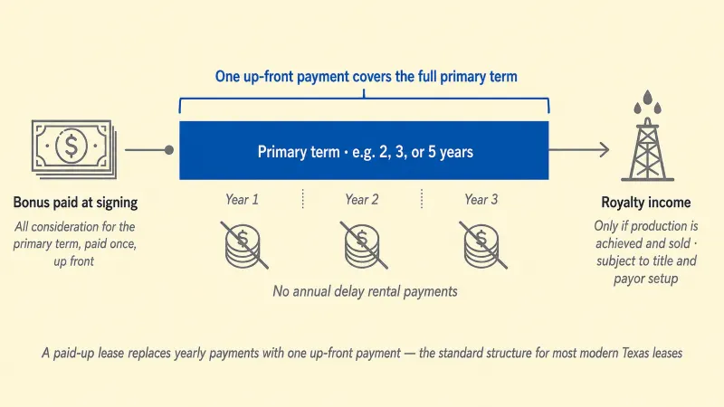 Concept diagram showing a single bonus payment made at signing that covers the entire primary term of a paid-up lease, with no annual delay rental payments owed and royalty income as the next payment if production is achieved and sold.