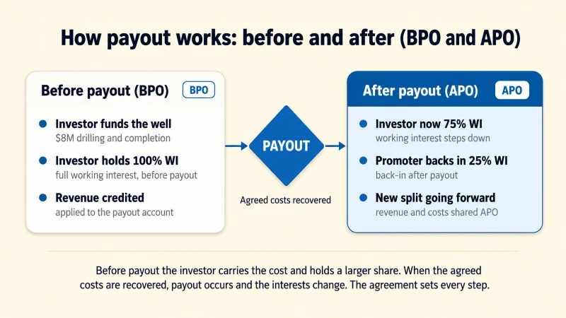 Diagram: how ownership changes at payout, when an investor's 100% working interest before payout drops to 75% and a promoter backs in for 25%.