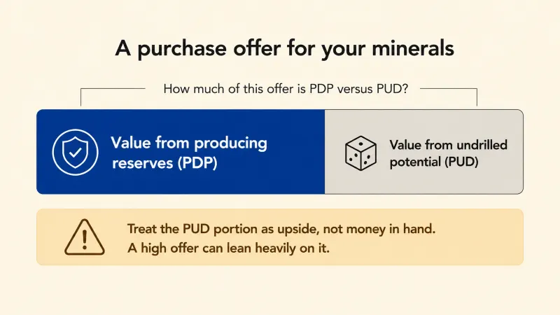 A purchase offer split into a PDP portion that is proven and certain and a PUD portion that is a discounted bet on future drilling, with a prompt to ask how much of an offer comes from each.