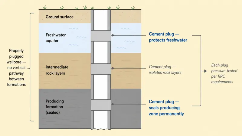 Geological cross-section diagram of a plugged and abandoned Texas well showing cement plugs placed at the producing formation, between rock layers, and near the freshwater zone to prevent fluid migration and methane leakage.