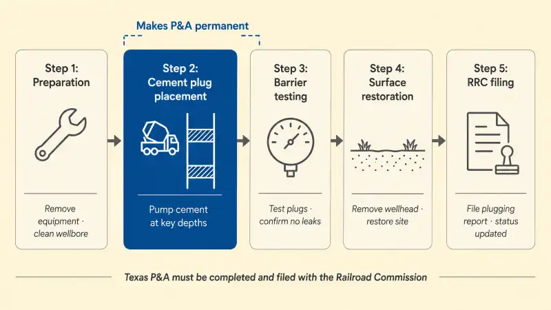 Five-stage plug and abandon process flow showing preparation, cement plug placement, barrier testing, wellhead removal and surface restoration, and Railroad Commission filing, with cement placement highlighted as the critical sealing step.