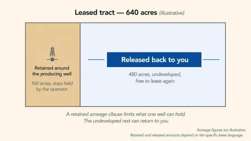 Diagram of a 640-acre leased tract where 160 acres around the one producing well stay held by the operator and the remaining 480 undeveloped acres are released back to the mineral owner to lease again.