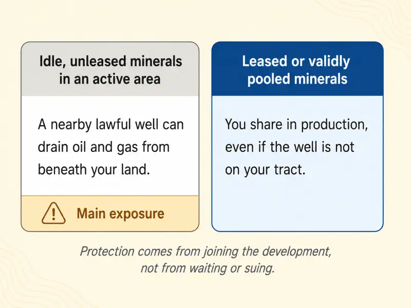 Comparison of two owner situations: idle unleased minerals exposed to lawful drainage with no recovery, versus leased or validly pooled minerals that share in nearby production according to the owner's interest.