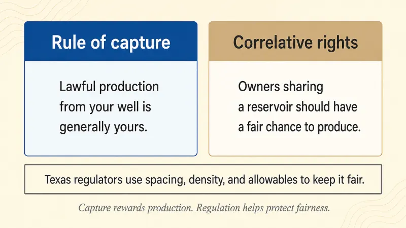 Two balanced doctrines: the rule of capture, under which you own what you lawfully produce even if it migrated, set against correlative rights, under which each owner over a shared reservoir gets a fair opportunity to produce a fair share without waste.