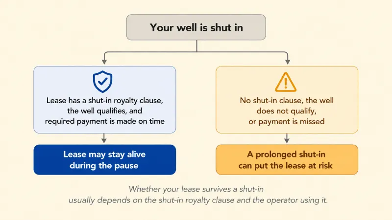 Branching diagram showing that when a well is shut in, the lease may stay alive if there is a shut-in royalty clause, the well qualifies, and payment is made, but a prolonged shut-in can put the lease at risk if that protection is missing.