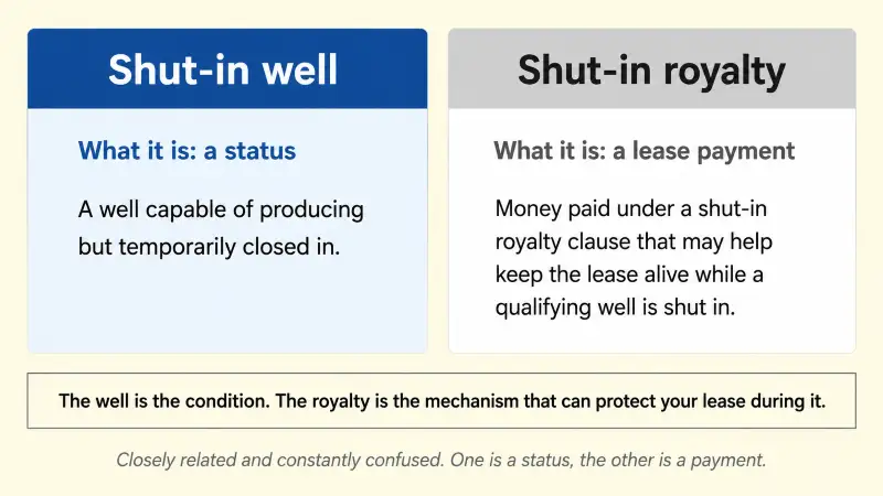 Side-by-side showing that a shut-in well is a status, a well capable of producing but temporarily closed in, while a shut-in royalty is a lease payment that may help keep the lease alive during the pause.