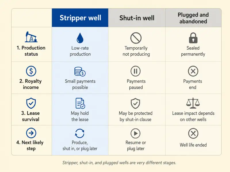 Three-column comparison matrix contrasting a stripper well, a shut-in well, and a plugged and abandoned well across production status, royalty income impact, and lease survival effect for Texas mineral owners.