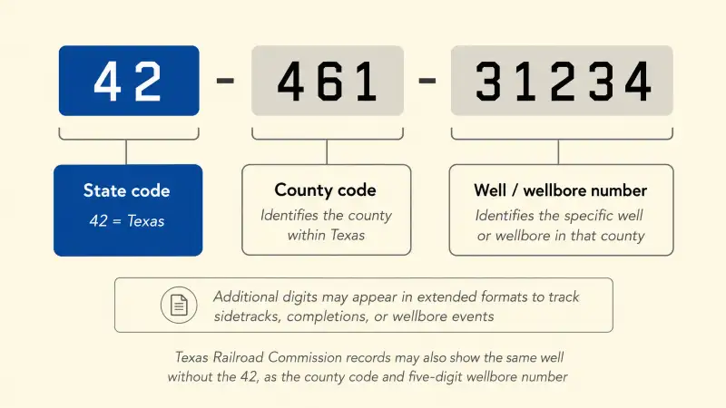 Anatomy of a Texas well API number such as 42-461-31234, broken into the state code 42 for Texas, the three-digit county code, and the five-digit well or wellbore number, with a note on extended digits for sidetracks and completions.