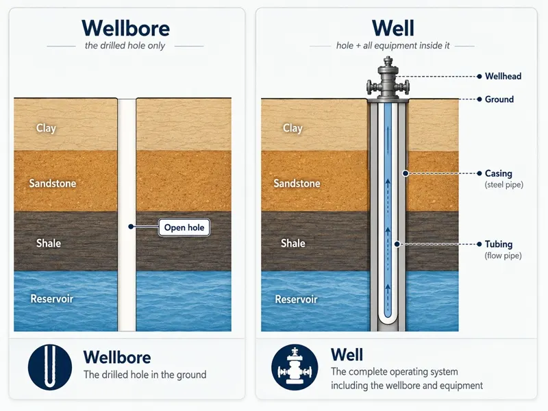Diagram showing the difference between a wellbore and a completed oil well with casing, tubing, and surface equipment