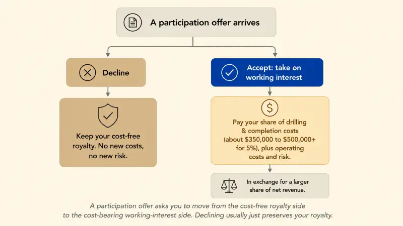 Decision diagram for a participation offer, where declining keeps the owner's cost-free royalty as before and accepting means paying a share of drilling costs and taking on risk in exchange for a larger share of net revenue.