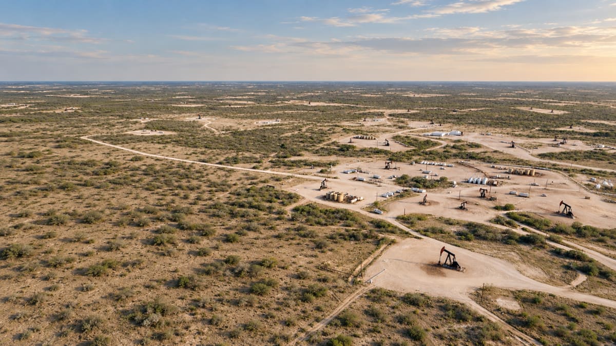 Aerial view of Texas land with roads, well pads and pumpjacks