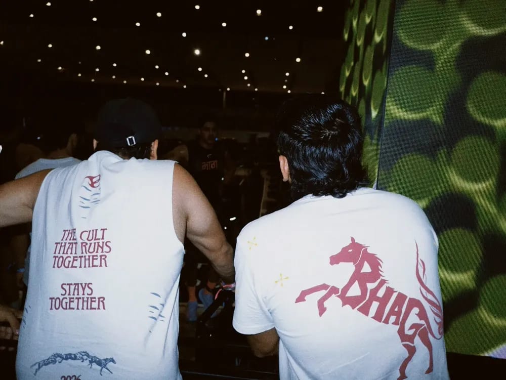 The Ghoda Collection worn at HYROX - the rearing horse and THE CULT THAT RUNS TOGETHER, printed across the back