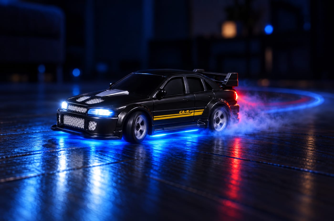 Driftzy Mini z niebieskimi światłami pod spodem driftuje nocą po panelach