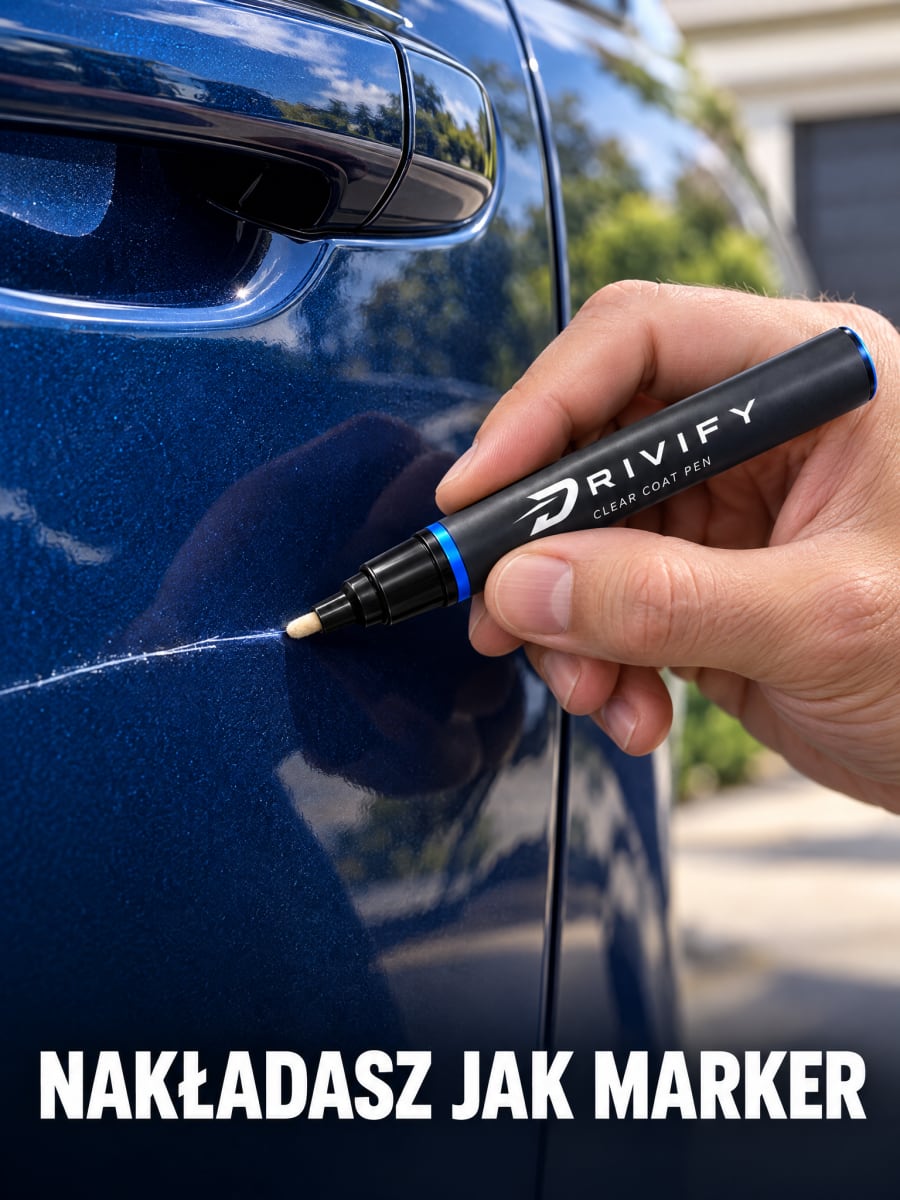 Pisak Drivify ClearPen prowadzony wzdłuż rysy na drzwiach auta