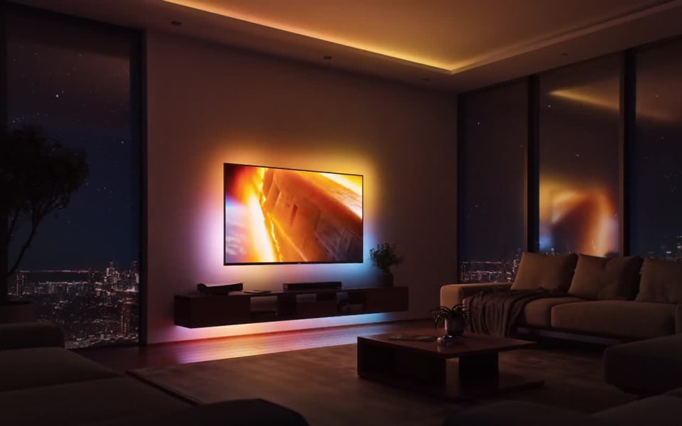 Apartament nocą z niebieską poświatą za telewizorem