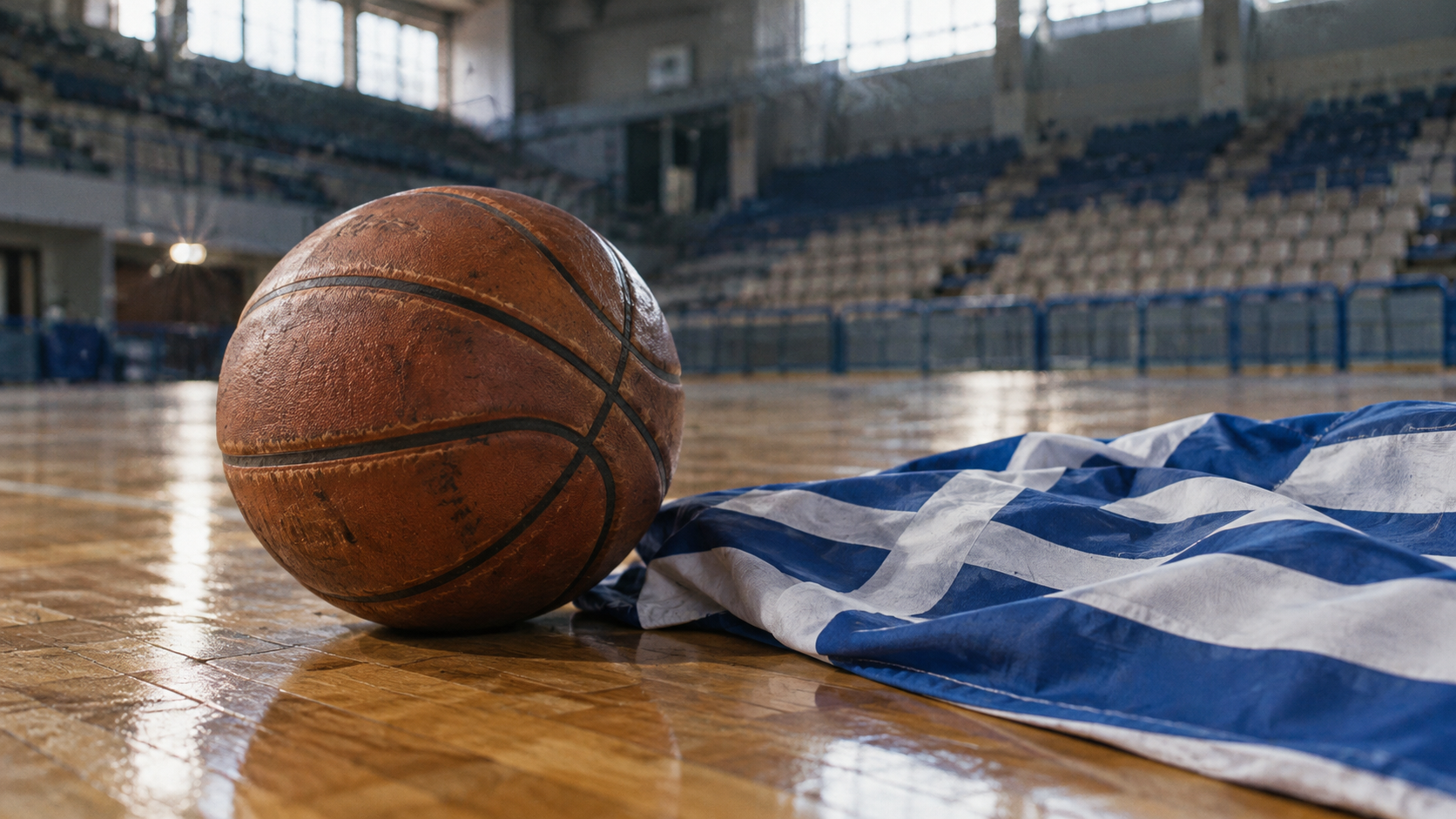 Φωτορεαλιστική εικόνα AI με μπάλα μπάσκετ και ελληνική σημαία στο παρκέ