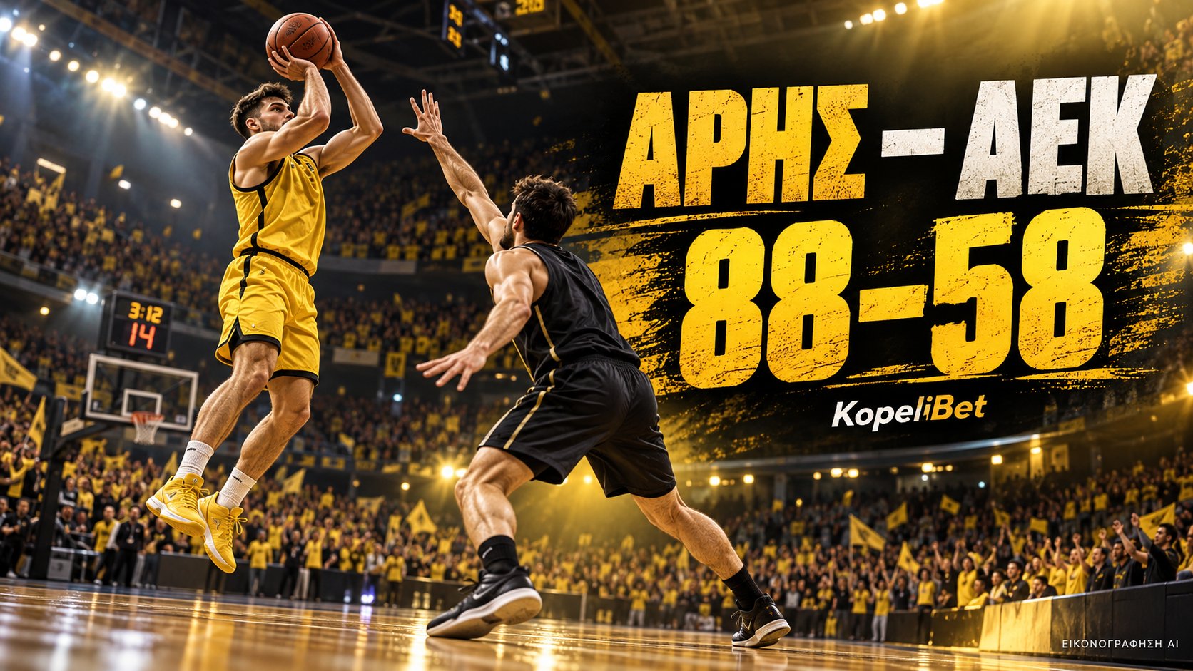 Εικονογράφηση AI για το Άρης–ΑΕΚ 88–58 με φανταστικούς παίκτες μπάσκετ