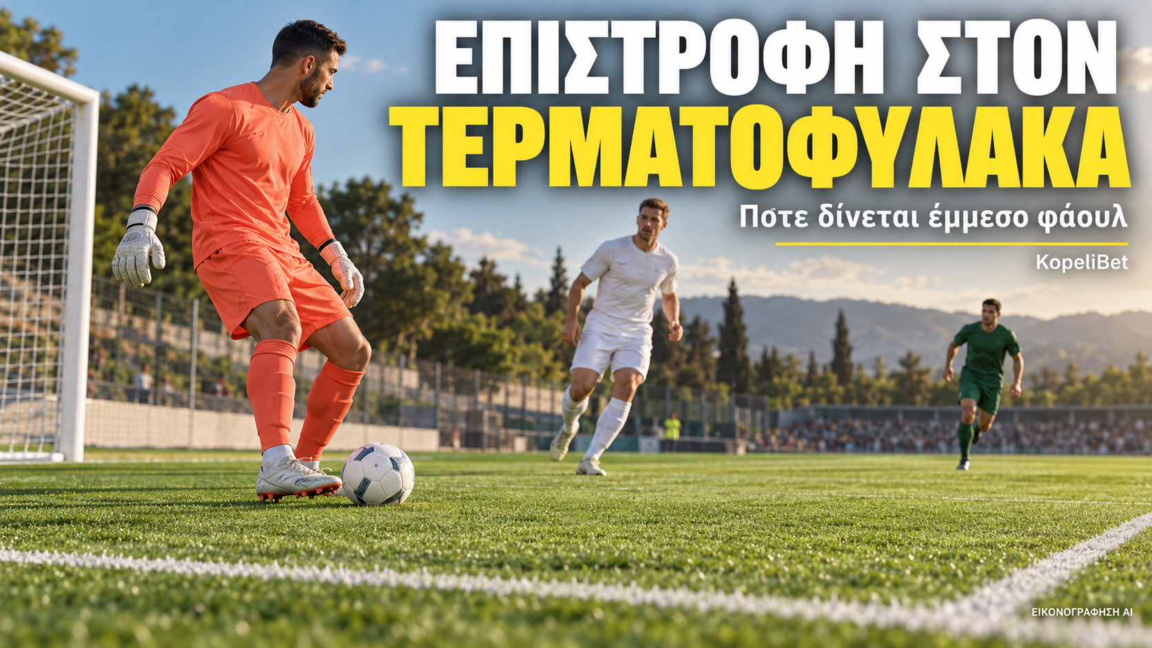 Εικονογράφηση AI τερματοφύλακα που παίζει την μπάλα με το πόδι μετά από επιστροφή