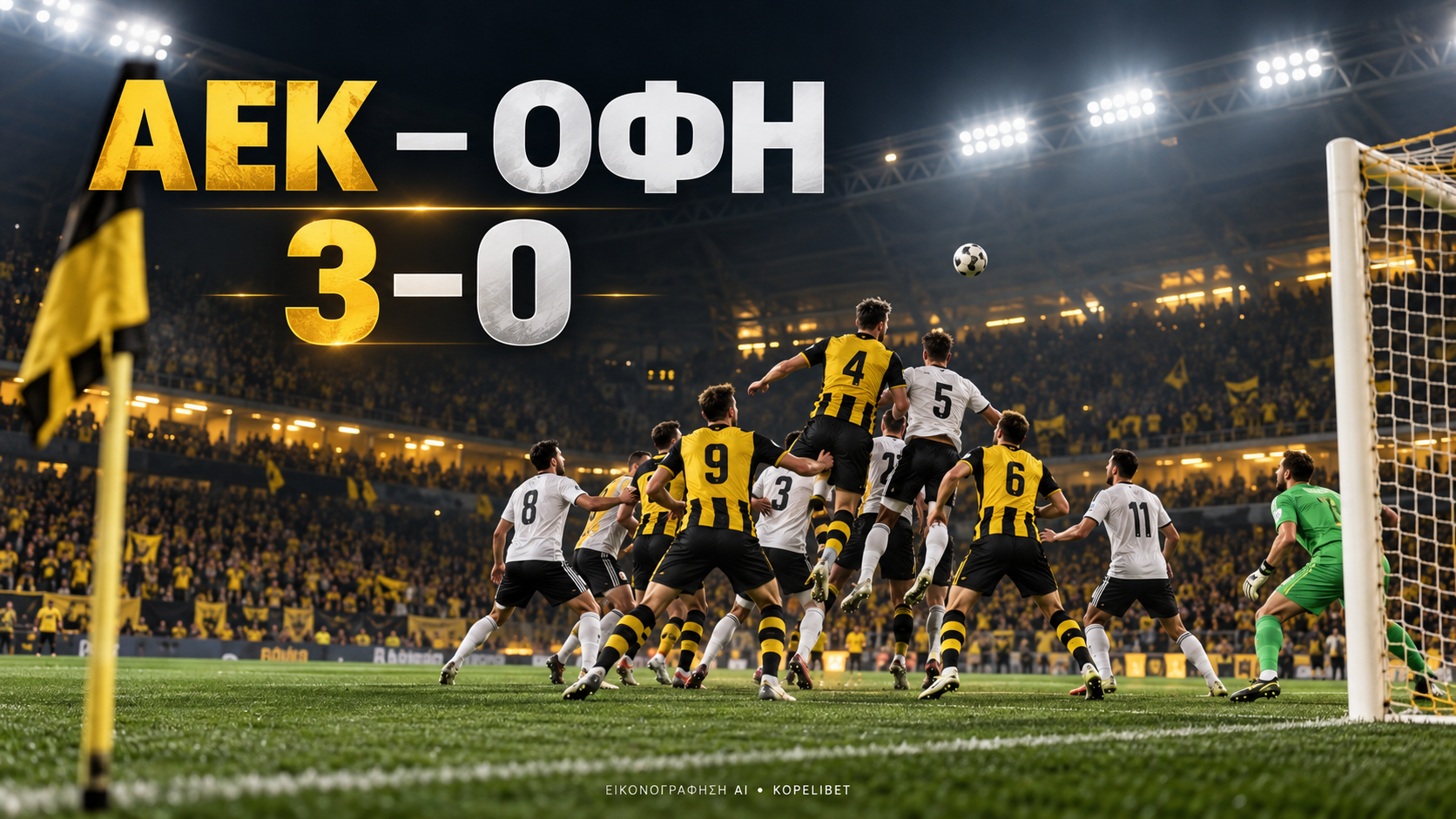 Εικονογράφηση AI για το ΑΕΚ–ΟΦΗ 3–0, με παίκτες και γήπεδο